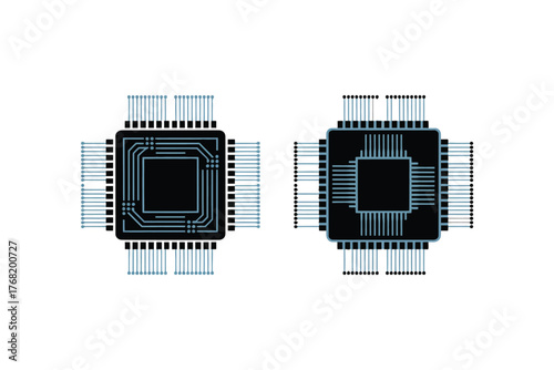 Two isolated black computer chips with pins on a plain white background view