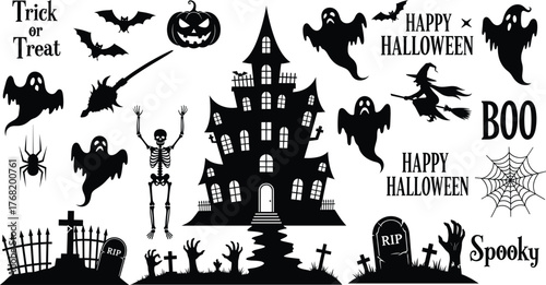 Halloween haunted house scene, spooky vector illustration, ghosts, skeleton, witch, bats, graveyard, jack-o'-lantern, cobweb, trick or treat design
