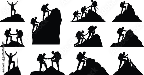 Hiker and climber silhouettes, black vector illustration, mountain adventure poses, teamwork and peak moments, outdoor trekking gear, hiking action graphic set