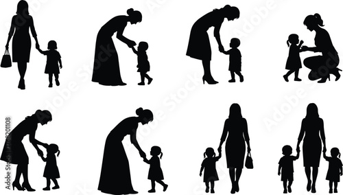 Mother and child silhouette set, black vector illustration, nurturing poses, emotional connection, parenting moments, family care design, maternal bonding graphic icons