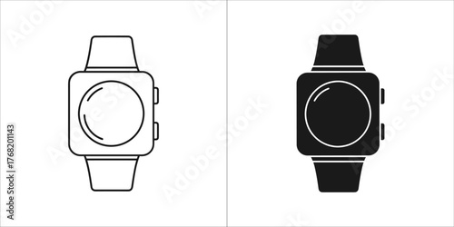 Black and white outline and filled icons of a smartwatch