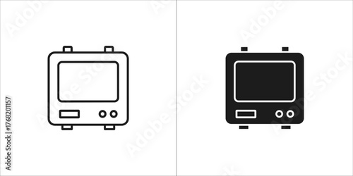 Black and white outline and filled icons of a retro television
