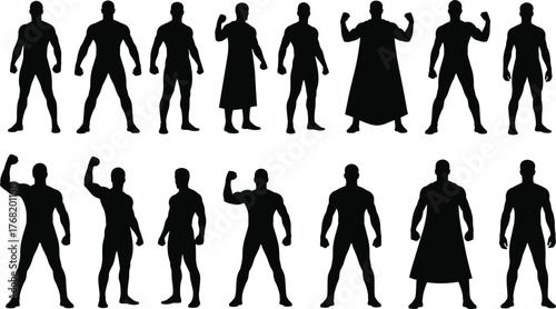 Muscular male silhouette set, black vector illustration, superhero poses, flexing and standing stances, costume variations, action character design, heroic figure icons