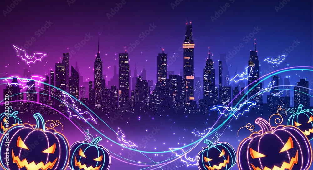 Obraz premium Cyberpunk Neon Halloween Background Template with Futuristic Pumpkins and City Lights