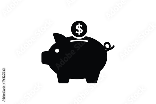 Illustration of a black piggy bank with a dollar coin on top on a white background