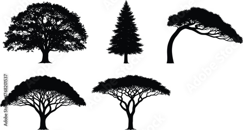 Tree silhouette icon set, black vector illustration, diverse tree species, canopy and trunk variations, botanical shapes, landscape design elements, nature graphic