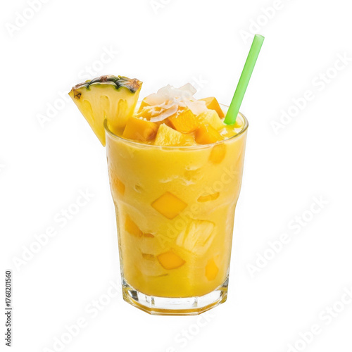 Refreshing yellow tropical smoothie with pineapple garnish isolated on transparent background