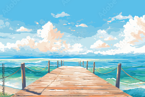 tropical beach with wooden pier and clear sea water vector illustration for travel and summer vacation concept