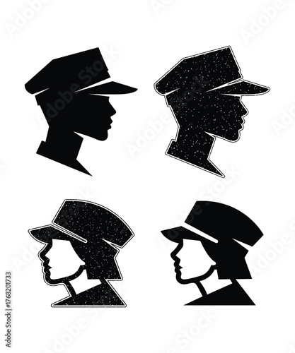 Grunge Silhouette Woman in Military Cap Vector Art.