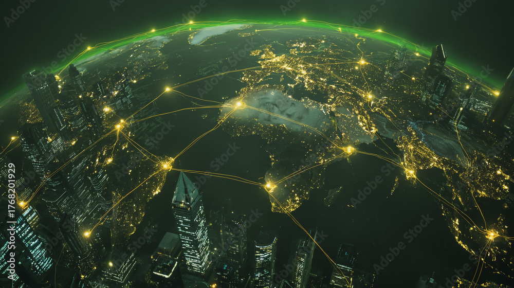 Obraz premium Smart digital Innovation city with connection network reciprocity over the city of future smart wireless digital city and social media networking systems that connects people with in city