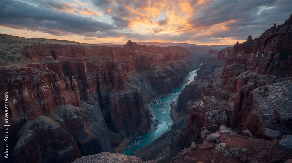 Fototapeta premium Golden Hour Over Canyon River with Breathtaking Mountain View