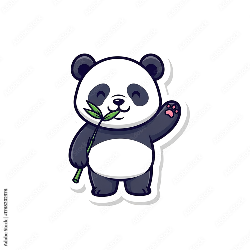 Naklejka premium Cute panda waving and eating bamboo isolated on white background
