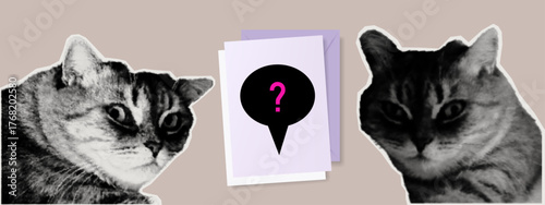 Cats with clever thought. Contemporary collage art, paper cutout pets with speech bubble, question mark. A cat's head and blank document pages. Concept of dilemma, learning, help. Scrapbook art.