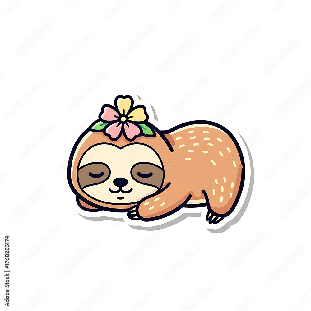 Naklejka premium Adorable cartoon sloth with flower on head, isolated on white background