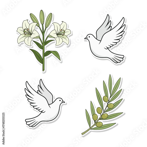 White doves in flight and lilies with olive branch on white background.
