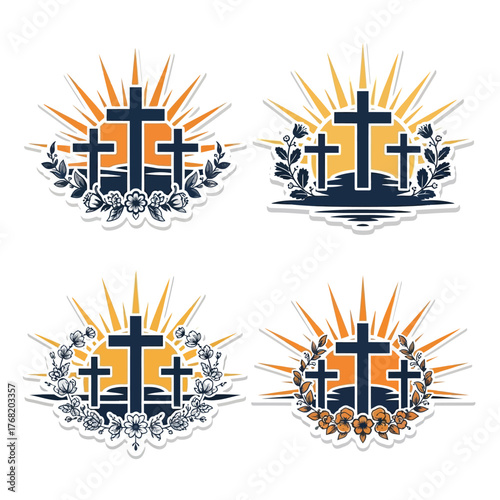 Four stylized illustrations featuring crosses with sunburst backgrounds, floral elements.
