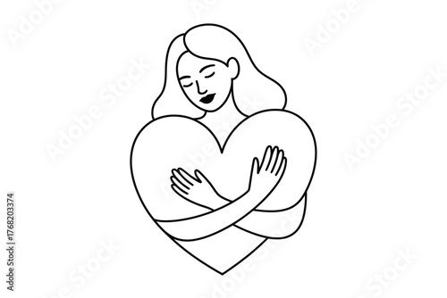 A woman embracing a heart shape in a minimalist black and white outline style