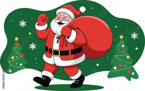 Cartoon santa claus walking with a red sack against a christmas background