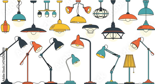 Collection of diverse vintage and modern lamps and light fixtures in various styles and colors