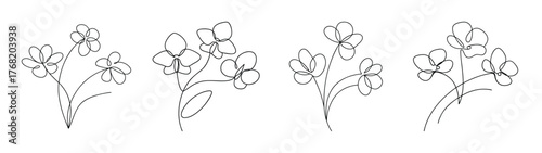 Four hand drawn sketchy floral elements with delicate petals and stems in white