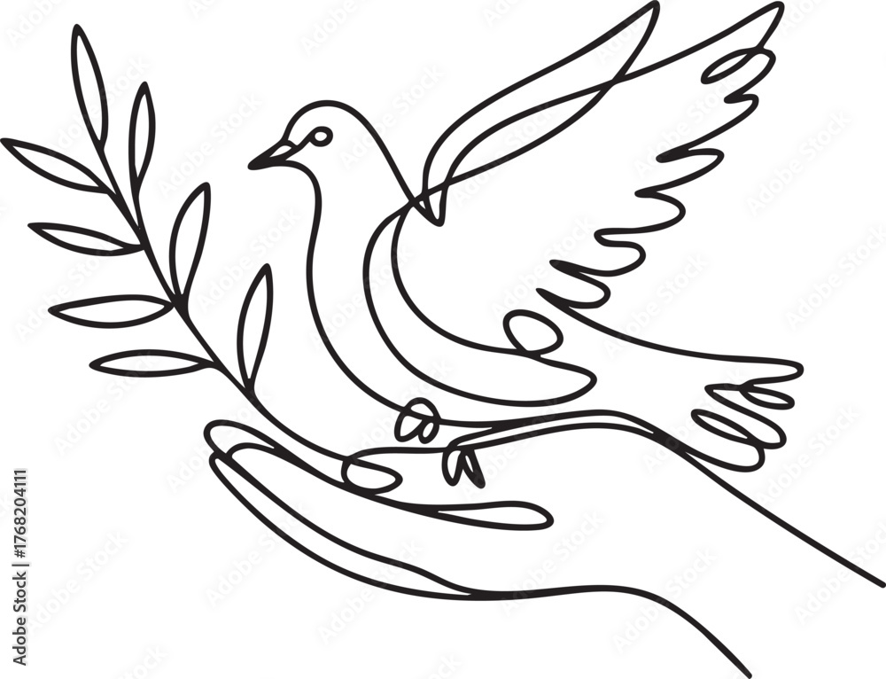 Obraz premium Continuous one line drawing of a hand gently holding a dove on a branch symbolizing peace, hope, compassion, and freedom in minimalist style