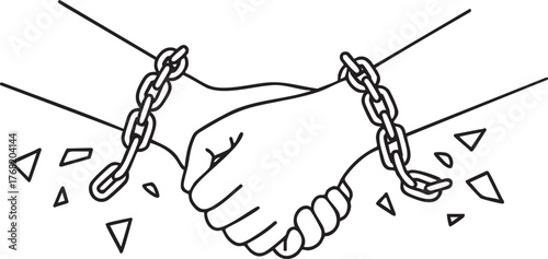 Continuous one line drawing of hands breaking free from chains symbolizing Human Rights Day, freedom, and the fight against oppression in minimalist style