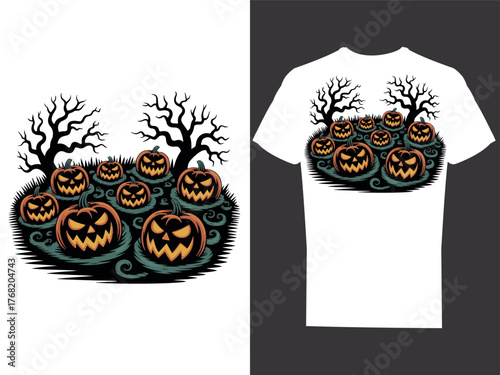 Glowing pumpkin patch at midnight with eerie
green mist Halloween T-shirt design