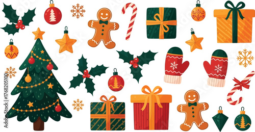 Collection of festive christmas decorations including gifts ornaments gingerbread cookies and holly