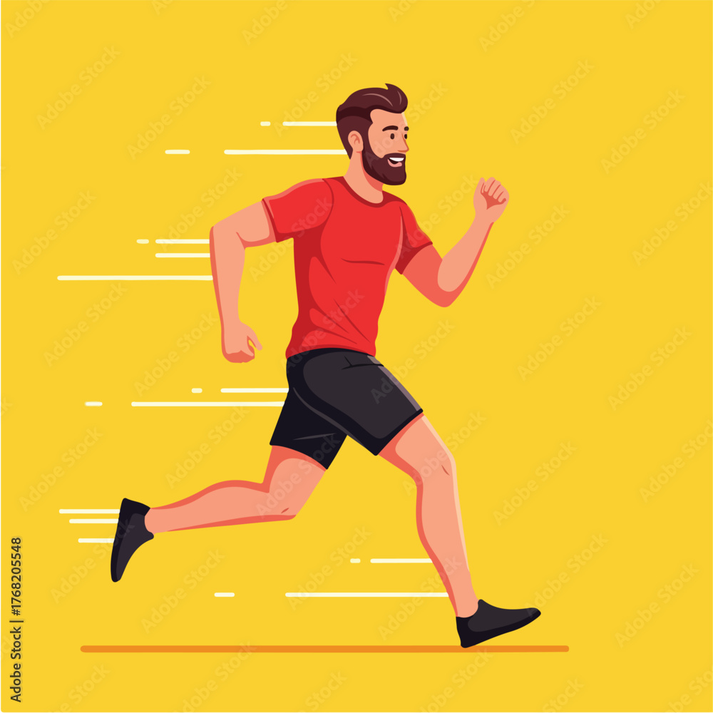 Fototapeta premium Bearded man running at full speed on yellow surface, showcasing fitness and determination for a healthy lifestyle.