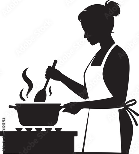 Silhouette of Woman Cooking Food Stirring Pot on Stove Top, Transparent Backdrop Design
