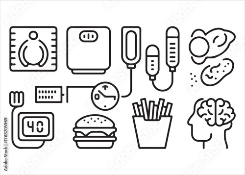  Icons representing health and unhealthy lifestyle choices and medical equipment