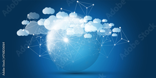 Dark Blue and White Cloud Computing Design Concept with Transparent Globe and Many Floating Clouds - Digital 3D Polygonal Network Connections, Technology Background, Minimalist Vector Design Template
