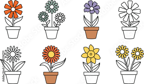 Colorful potted flowers, floral illustration, botanical design, garden decor, spring bloom, nature clipart, vibrant petals, decorative plants, vector art