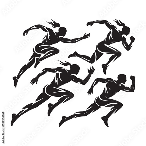 Four black silhouette runners in dynamic motion against a white background running athlete