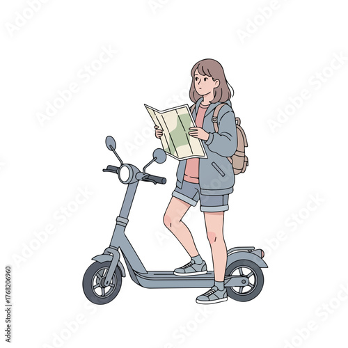 Young woman consulting a map while standing on an electric scooter in a minimalist style, ready for an urban adventure.