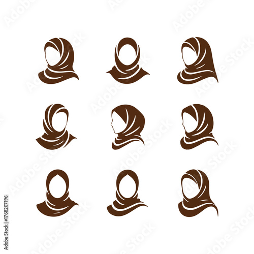 Nine brown abstract silhouette icons of women wearing hijabs in various styles muslim woman