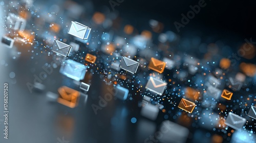 A digital depiction of email messages moving through a network, showcasing data transfer and digital communication.