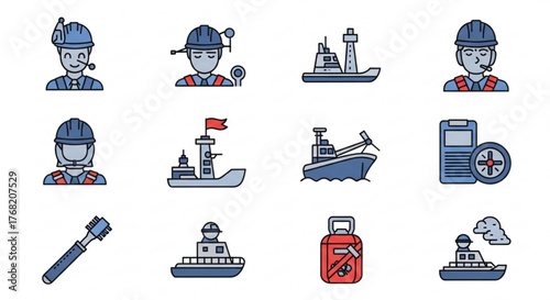 Illustration showing maritime workers, various ships, and tools in a flat design style image set created with generated ai