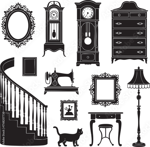 A collection of antique furniture and decorative items in black silhouette on a white background