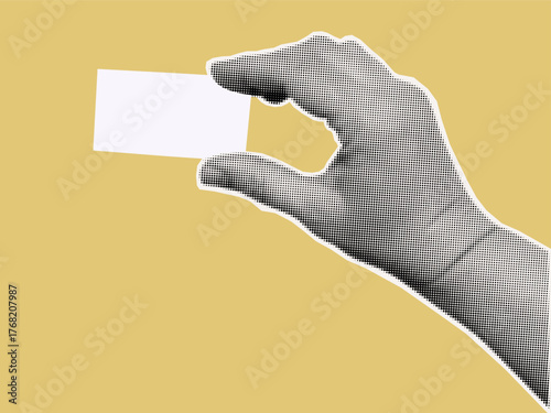 A hand holds a blank card. Empty  ticket, voucher, advertisement close-up. Blank business advertising card for presenting  products. Vector template, message label. Contemporary collage halftone art. 