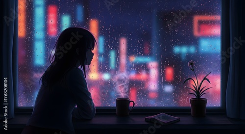 A Cinematic 4k Lofi Hip Hop Music Background and Anime Style Wallpaper Illustration of a Girl at a Rainy Window with a Coffee Mug watching Neon City Lights, a Peaceful Lofi Scene.