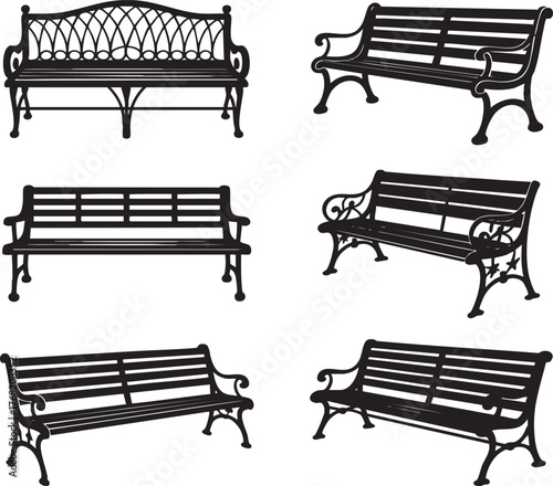 Six black and white illustrations of different park benches with various designs and styles shown clearly
