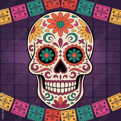 Día de los Muertos Skull Illustration Colorful Mexican Sugar Skull Vector Design