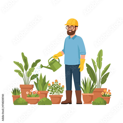 Gardener watering plants in terracotta pots in a lush garden, showcasing care and dedication to plant cultivation, creating a peaceful and vibrant scene.