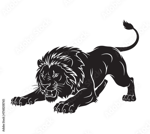 Aggressive Crouching Lion Silhouette – Fierce Wild Animal Vector for Tattoo, Logo, and Tribal Design