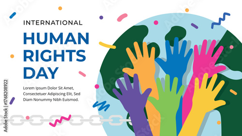 International Human Rights Day banner with diverse hands embracing equality and global unity, promoting peace and justice worldwide