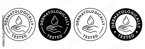 Set dermatologically tested vector label with water drop, leaf and hand logo. Dermatology test and dermatologist clinically proven icon for allergy free and healthy safe product package tag.