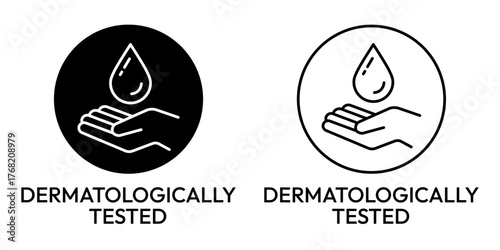 Set dermatologically tested vector label with water drop, leaf and hand logo. Dermatology test and dermatologist clinically proven icon for allergy free and healthy safe product package tag.