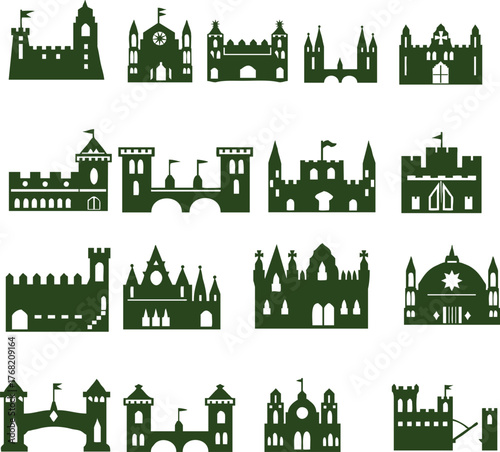 Castle and Fortress Silhouettes Vector Icon Set: Medieval Architecture and Fairy Tale Royal Palace Symbols Collection
