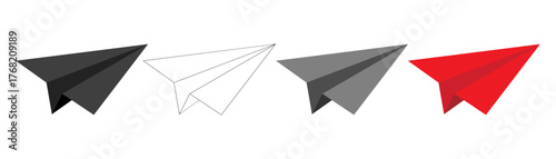 Paper planes. Four paper airplanes in different colors showcase minimalistic designs. The black, white, gray, and red planes emphasize creativity and innovation in simple shapes. Vector illustration